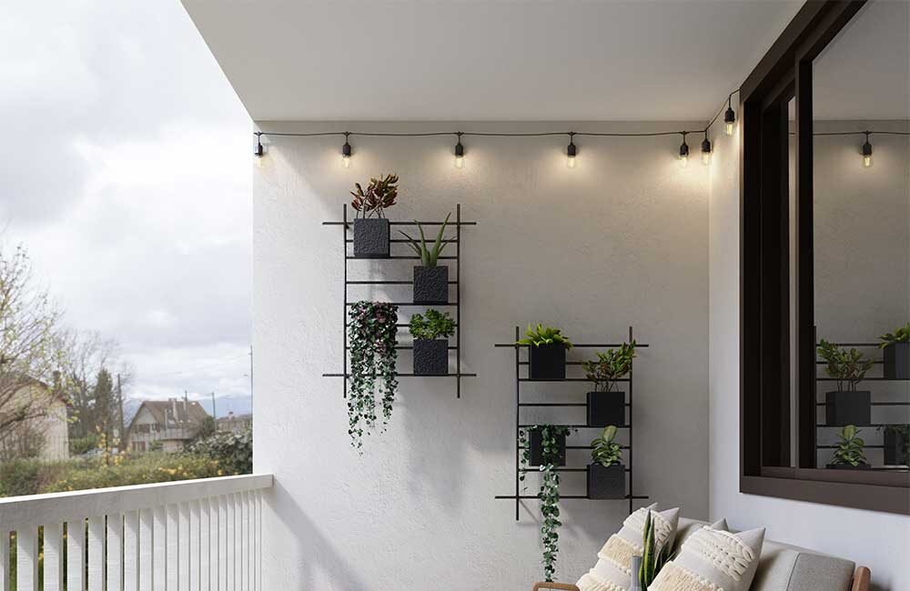 Balcony décor for small house with sofa chairs & ottoman - Beautiful Homes